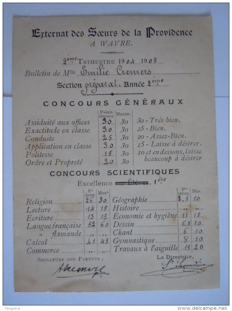 Externat Des Soeurs De La Providence A Wavre Bulletin 1904-1905 Form 10,5 X 14,5 Cm - Diplômes & Bulletins Scolaires