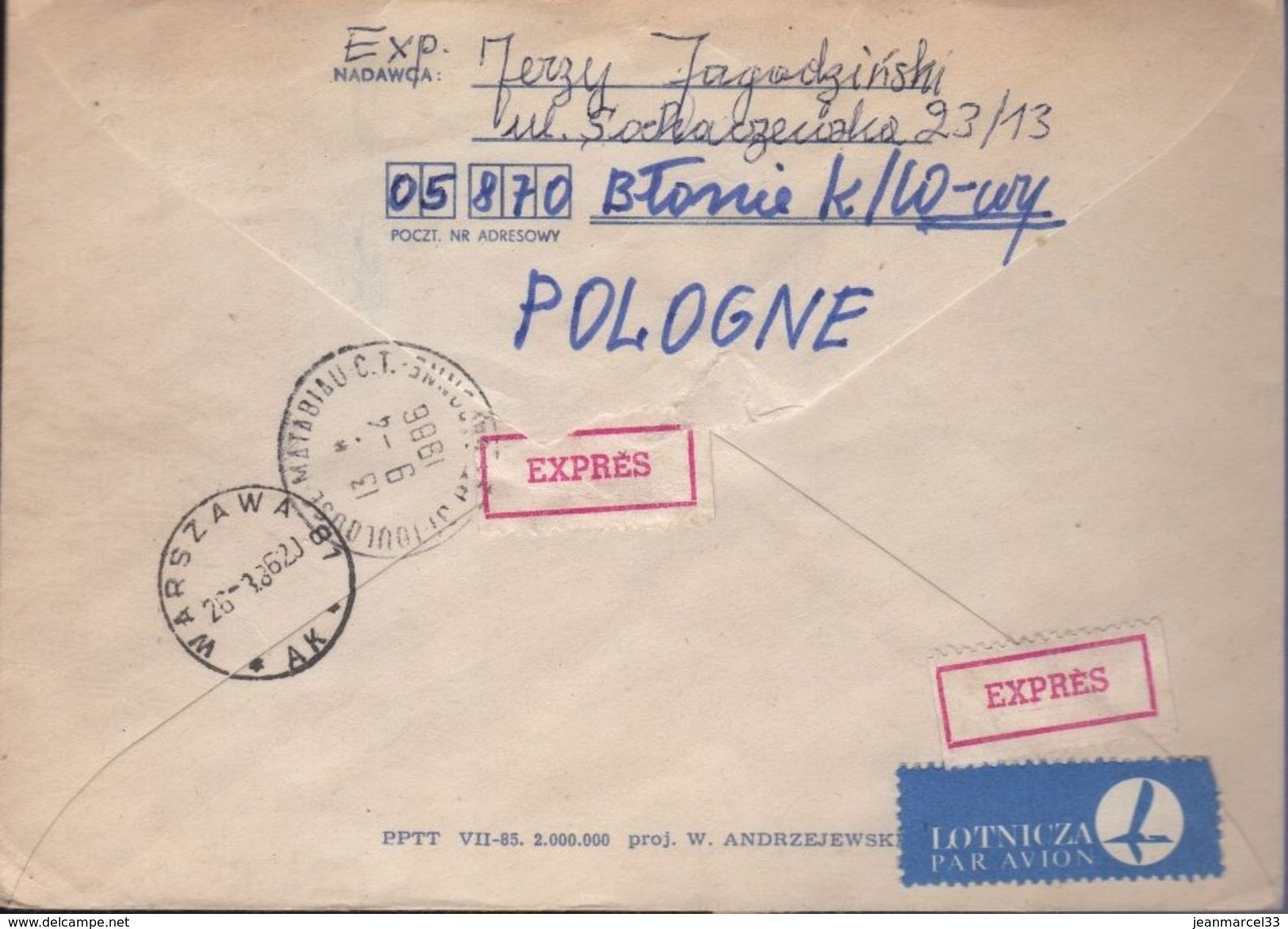 Lettre Entier De Pologne Warszawa 81*AK* 26-3 86 Par Avion Pour Toulouse Avec Griffe Rouge EXPRèS - Aviones