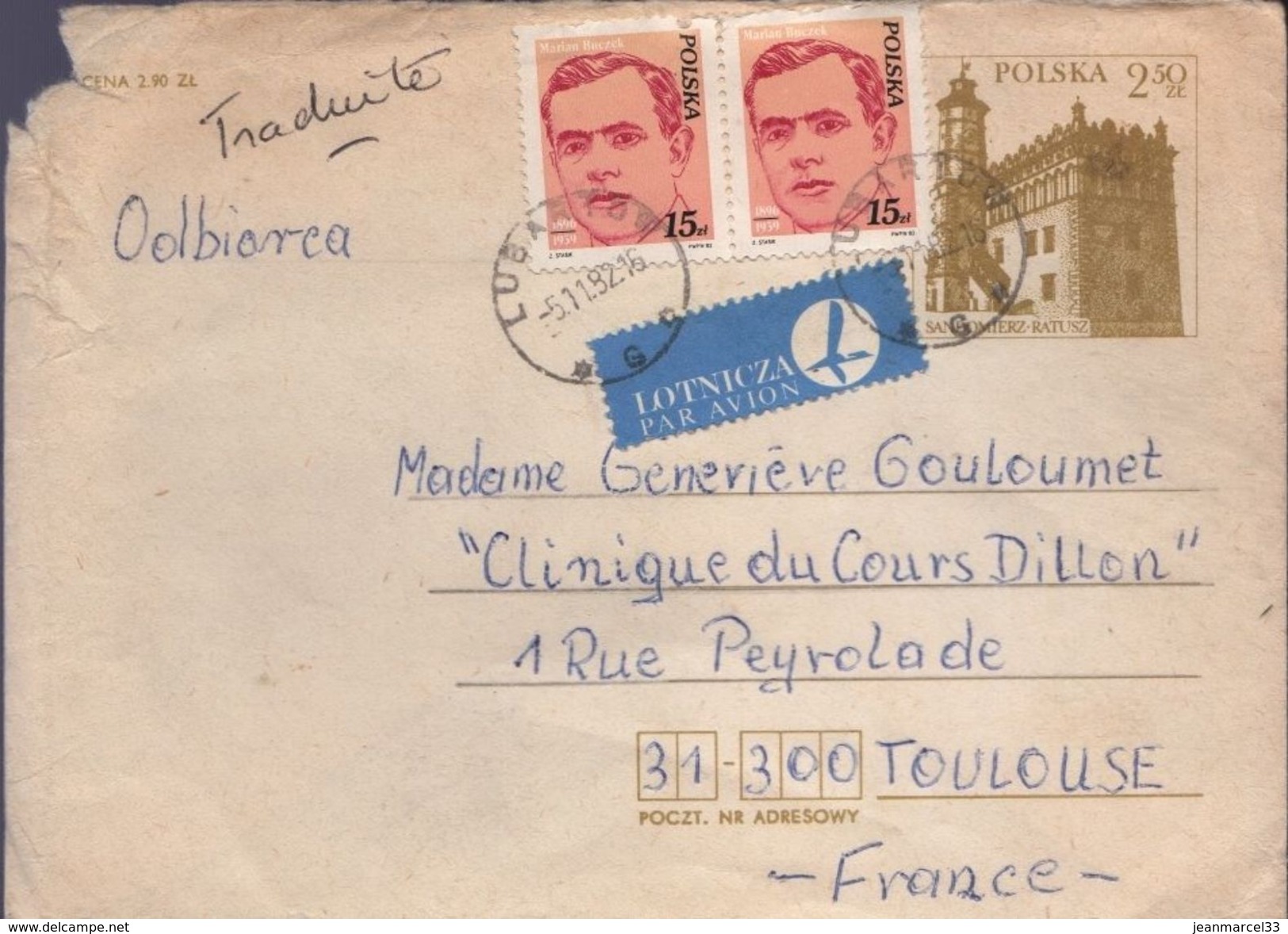 Lettre Entier De Pologne Par Avion  Lubartow 5-11-82 Pour Toulouse - Airplanes