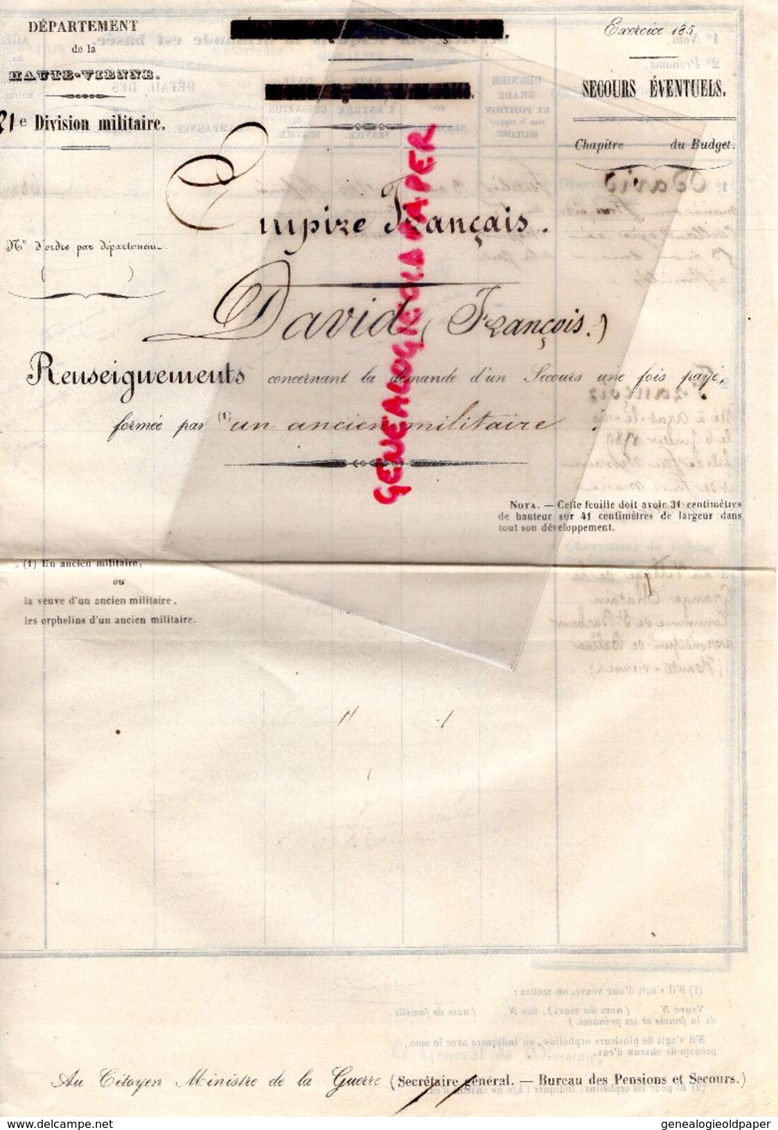 87-AZAT LE RIS-SAINT BARBANT-VILLAGE CHATAIN RARE DOCUMENT EMPIRE FRANCAIS 1853-21 E DIVISION MILITAIRE -DAVID FRANCOIS - Historical Documents
