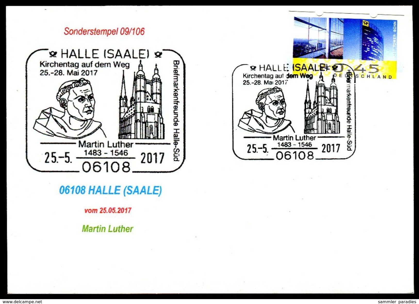 81264) BRD - Karte - SoST 06108 HALLE (SAALE) Vom 25.05.2017 - Martin Luther, Kirche - Maschinenstempel (EMA)