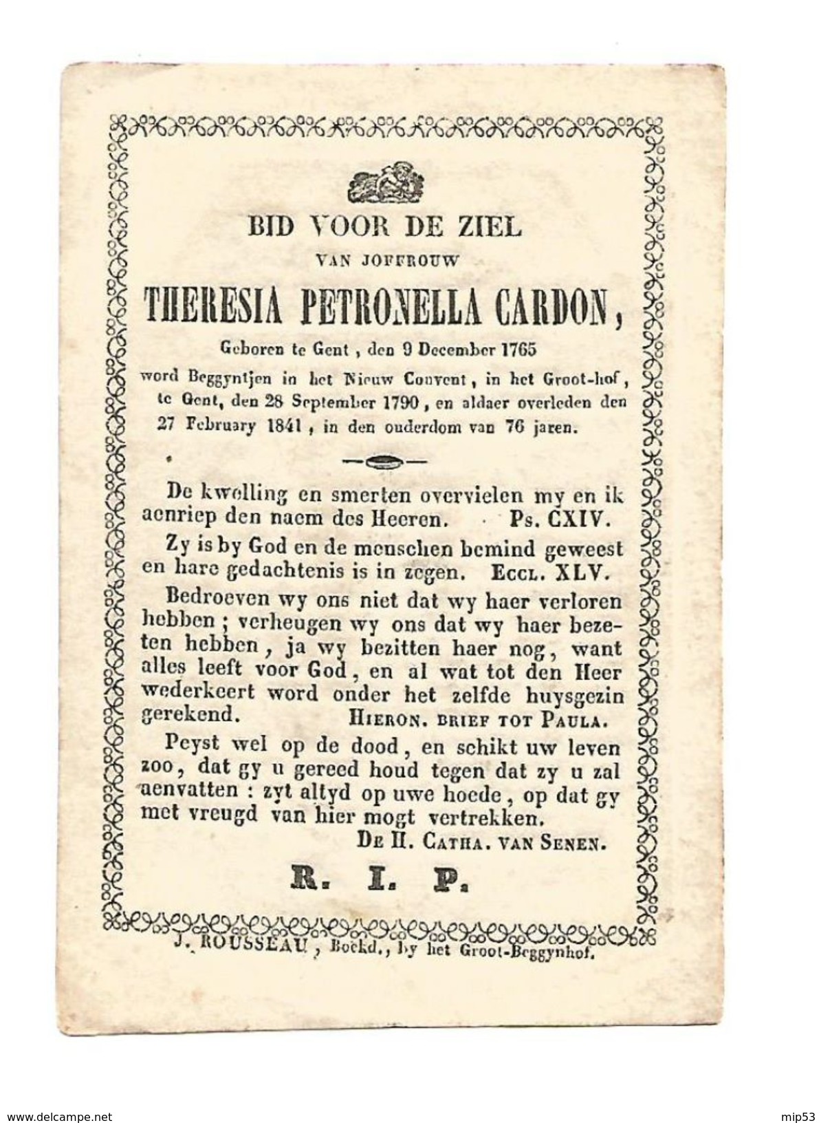 Z139. THERESIA PETRONELLA CARDON  - BEGIJNTJE In Het NIEUW CONVENT, In Het GROOT-HOF Te GENT - GENT 1790 /1841 - Images Religieuses