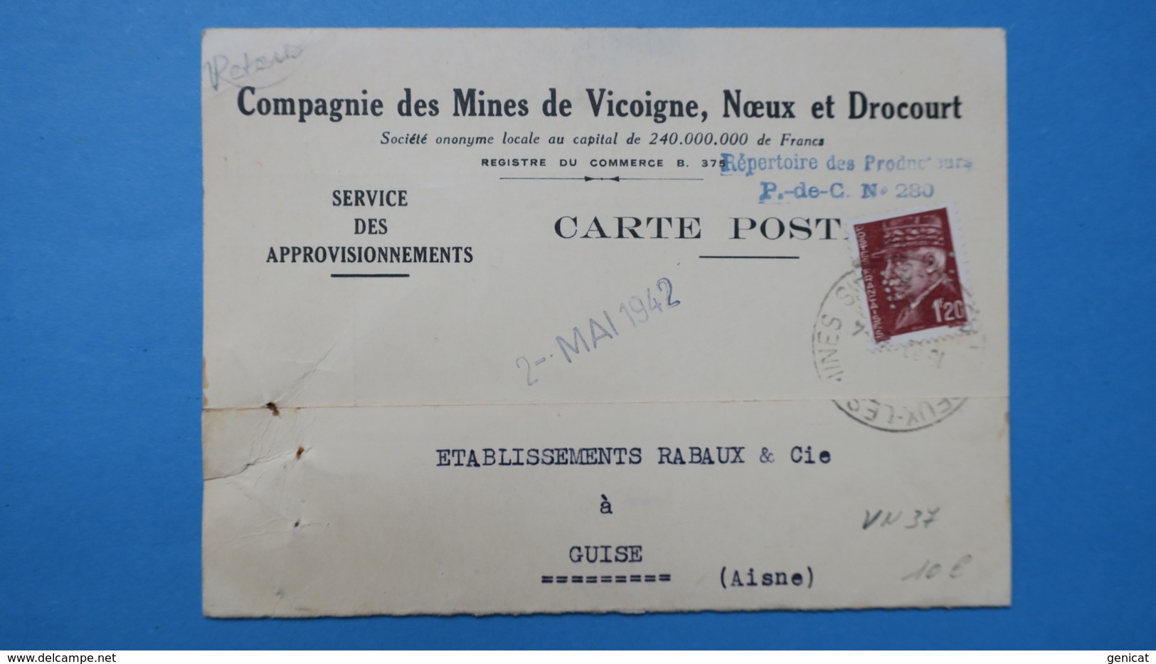 Lettre à En Tête,  Cie Des Mines De Vicoigne, Noeux Et Drocourt  , Perforé  VN37  , Du Catalogue Ancoper - Autres & Non Classés