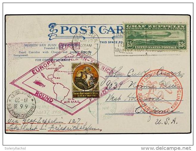 ZEPPELIN. 1930 (May 22). U.S.A. LZ 127 Flight Postcard To HOLLYWOOD Franked By Zeppelin 1930 65c.... - Otros & Sin Clasificación