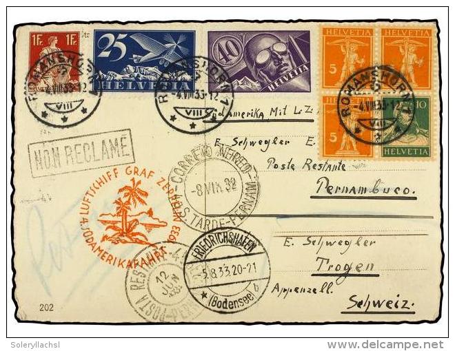 ZEPPELIN. 1932 (4 Julio). SWITZERLAND. ROMANSHORN A TROGEN. 5(3) + 10 Cts., 25 Cts., 40 Cts. Y 1 Fr.... - Autres & Non Classés