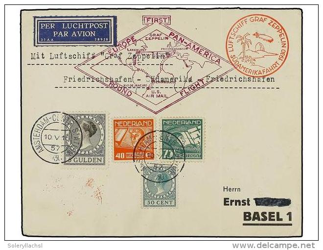 ZEPPELIN. 1930 (10 Mayo). NETHERLANDS. AMSTERDAM A BASEL. 40, 50 Y 75 Cent. Y 5 Gul. Circulada Por... - Otros & Sin Clasificación