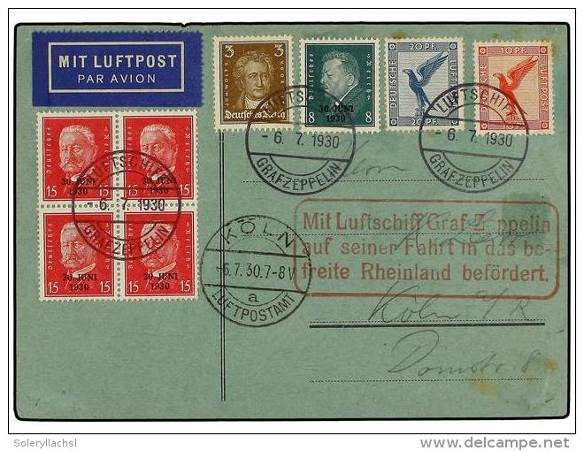 ZEPPELIN. 1930 (July 6). GERMANY. Multi-franked LZ 127 Flight Card For Roundflight, With 8 Adhesives Tied By... - Autres & Non Classés