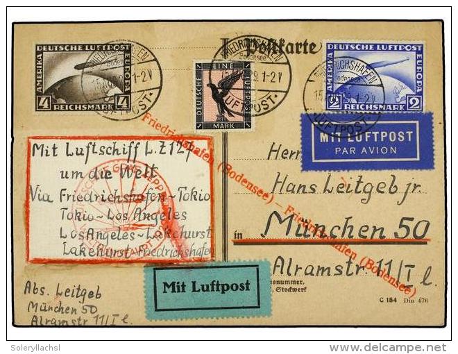 ZEPPELIN. 1929 (15 Agosto). GERMANY. FRIEDRICHSHAFEN A MUNICH (Alemania). 1, 2 Y 4 Mk. Volado... - Autres & Non Classés