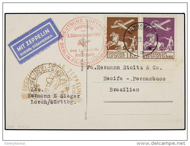 ZEPPELIN. 1932 (April 14). DENMARK. LZ 127 Flight Postcard Franked By Airmail 15&ouml;. Violet And... - Otros & Sin Clasificación