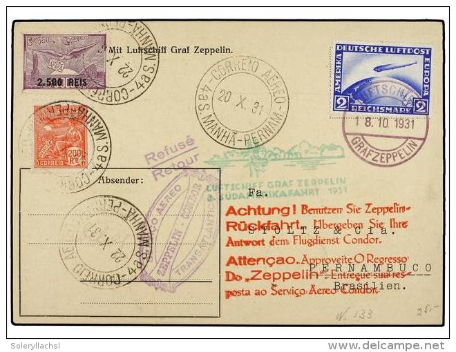 ZEPPELIN. 1931 (18 Octubre). BRAZIL. Franqueada A Bordo Del GRAF ZEPPELIN Con Sello Alem&aacute;n De... - Autres & Non Classés