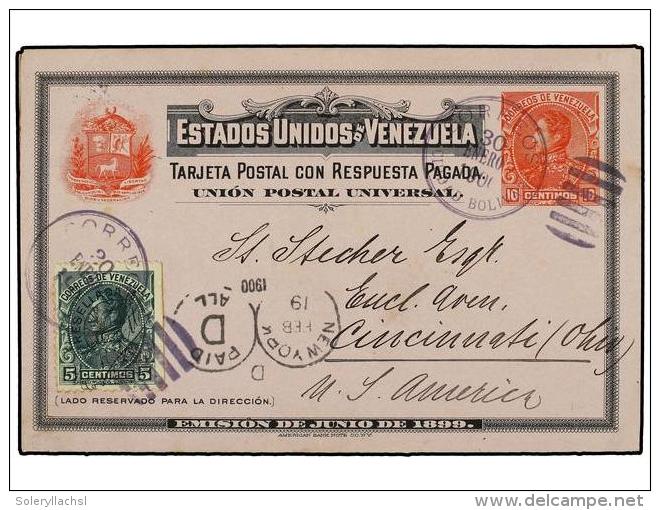 VENEZUELA. 1900. CIUDAD BOLIVAR A USA. Entero Postal Doble 10 + 10 Ctvos. Rojo Y Negro Con Franqueo... - Autres & Non Classés