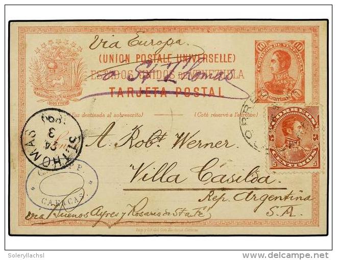 VENEZUELA. 1899. CARACAS A ARGENTINA. Entero Postal De 10 Cts. Rojo Con Franqueo Adicional De 5 Cts.... - Otros & Sin Clasificación