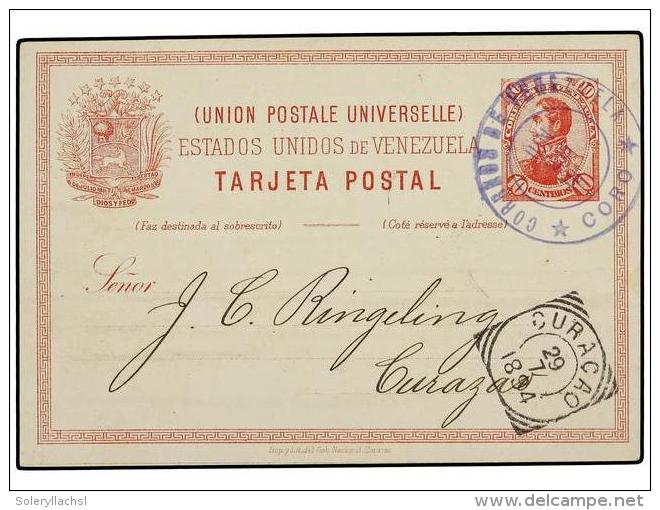 VENEZUELA. 1894. CORO A CURACAO. Entero Postal De 10 Ctvos. Rojo, Llegada En Anverso. - Autres & Non Classés