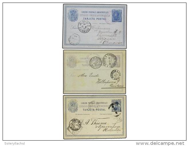 VENEZUELA. 1890-1892. Tres Enteros Postales De 10 Ctvos. Azul, Azul Oscuro Y Gris Circulados A ALEMANA Y... - Autres & Non Classés