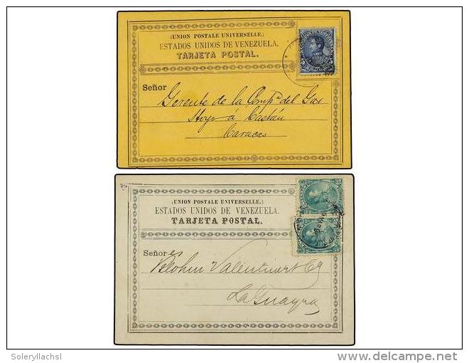 VENEZUELA. 1885-86. Dos Tarjetas Postales Oficiales Con Fanqueo De 5 Ctvos. Azul Y 5 Ctvos. Verde (2)... - Autres & Non Classés