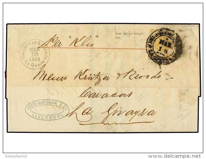 VENEZUELA. 1864. Incoming Stampless Entire Letter From LIVERPOOL (26 Dec) With Sender&acute;s Cachet Endorsed... - Autres & Non Classés