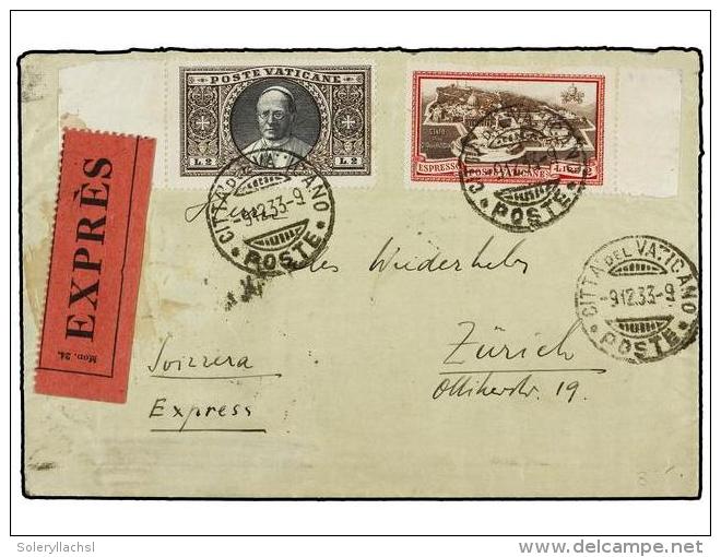 VATICANO. Sa.30+E3. 1933. VATICANO A ZURICH. 2 Liras Casta&ntilde;o Negro Y Sello De Correo Urgente De 2... - Autres & Non Classés