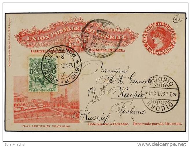 URUGUAY. 1908. MONTEVIDEO A FINLANDIA. Entero Postal De 2 Cts. Rosa Con Franqueo Adicional De 1 Ctvo.... - Autres & Non Classés