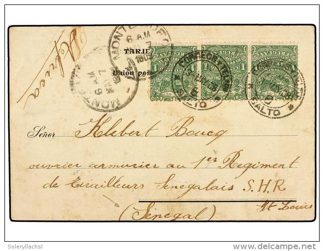 URUGUAY. 1908. SALTO A ST. LOUIS (Senegal). Tarjeta Postal Con Franqueo De 1 Ctvo. Verde (3). Rara... - Otros & Sin Clasificación