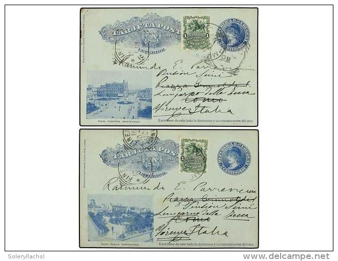 URUGUAY. 1902-1910. Cuatro Enteros Postales De 2 Cts. Azul (3) Y Rojo Con Diversas Vistas Circuladas A... - Otros & Sin Clasificación