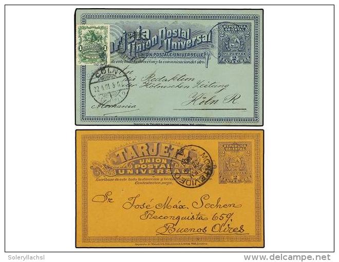 URUGUAY. 1901-1906. Dos Enteros Postales De 2 Cts. Gris S. Crema Y 2 Cts. Azul S. Azul Con Franqueo... - Autres & Non Classés