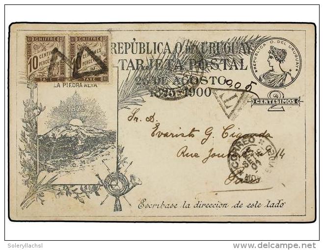 URUGUAY. 1901. MONTEVIDEO A FRANCIA. Entero Postal De 2 Cts. Negro Tasado A La Llegada Con Sellos Franceses... - Autres & Non Classés