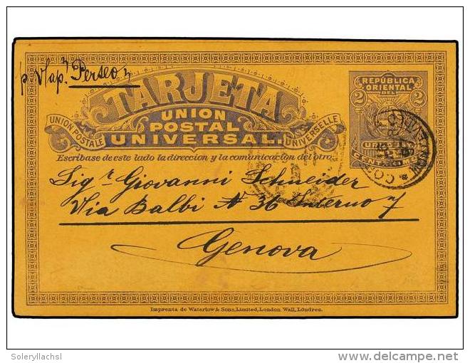 URUGUAY. 1897. MONTEVIDEO A GENOVA (Italia). Entero Postal Doble 2 + 2 Ctvos. Gris S. Crema, Llegada En... - Autres & Non Classés