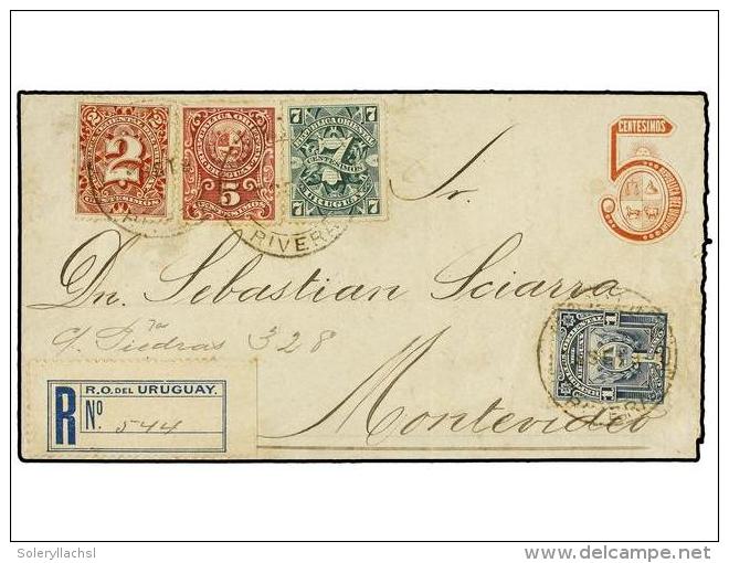 URUGUAY. Sc.75, 77, 80, 82. 1895. RIVERA A MONTEVIDEO. Entero Postal De 5 Cent. Rojo Con Franqueo Adicional... - Autres & Non Classés