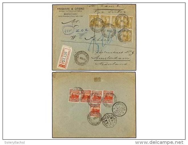 URUGUAY. Sc.108 (5), 112 (5). 1895. MONTEVIDEO A HOLANDA. 1 Cto. Oliva (5) Y5 Cts. Rojo (5), Al Dorso... - Autres & Non Classés