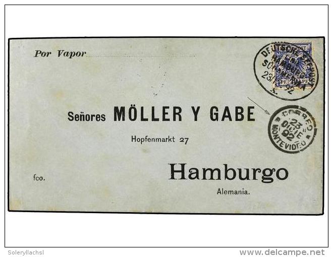 URUGUAY. 1892. MONTEVIDEO To HAMBURGO With German Blue 20 P. Stamp Tied By Cds DEUTSCHE... - Autres & Non Classés
