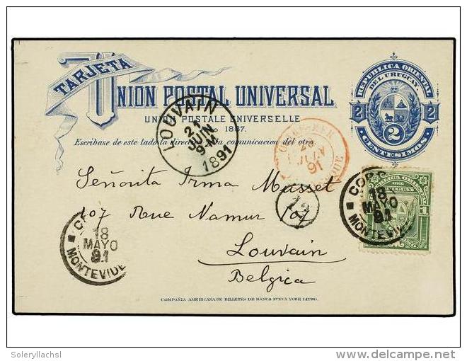 URUGUAY. 1891. MONTEVIDEO A B&Eacute;LGICA. Entero Postal De 2 Ctvos. Azul Con Franqueo Adicional De 1... - Autres & Non Classés