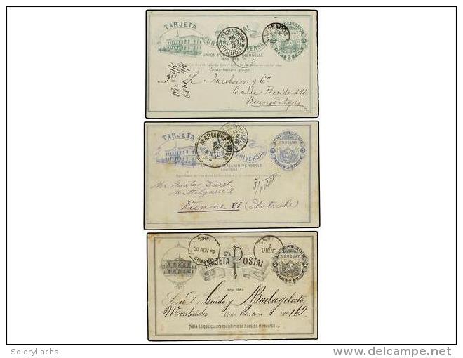 URUGUAY. 1883-84. Tres Enteros Postales De 2 Cts. Negro, 3 Cts. Verde Y 3 Cts. Azul Circulados... - Autres & Non Classés