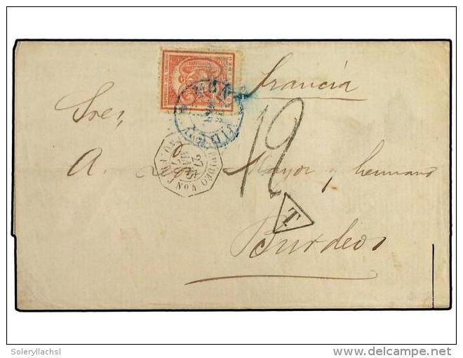 URUGUAY. 1876. Cover To BORDEAUX With 1866 Perforated 20 C. Tied By MONTEVIDEO Cds In Blue With... - Autres & Non Classés