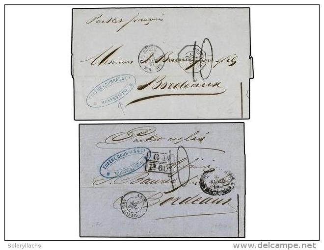 URUGUAY. 1867. DOS Cartas Circuladas De MONTEVIDEO A BORDEAUX, Una Por Correo Franc&eacute;s Y La Otra Por Correo... - Autres & Non Classés