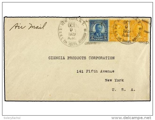 ESTADOS UNIDOS. Sc.443, 448 (2). 1929. Cover To NEW YORK, 5 Cts. Blue And 10 Cts. Yellow (2) With... - Autres & Non Classés