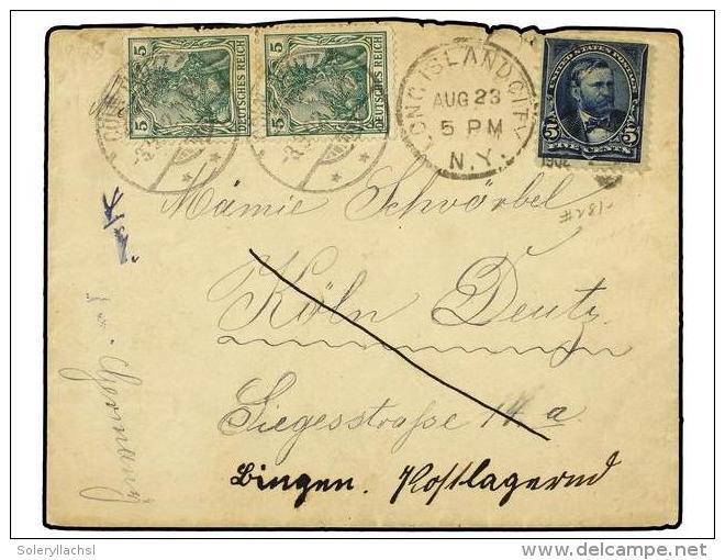 ESTADOS UNIDOS. 1902. LONG ISLAND To KOLN (Germany). 5 Cents Blue Redirected To LINGAU With German 5... - Autres & Non Classés