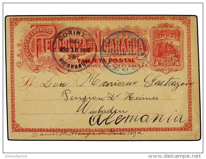 NICARAGUA. 1892. LE&Oacute;N A ALEMANIA. Entero Postal De 3 Ctvos. Rojo, Tr&aacute;nsito De Corinto En... - Andere & Zonder Classificatie