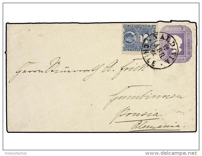 CHILE. 1884. VALDIVIA A ALEMANIA. Entero De 5 Cents. Lila Con Franqueo Adicional De 5 Cts. Azul, Al... - Autres & Non Classés