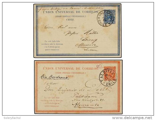 CHILE. 1881. 2 Enteros Postales De 3 Ctvos. Rojo Y 4 Cts. Azul Circulados A Alemania. - Autres & Non Classés