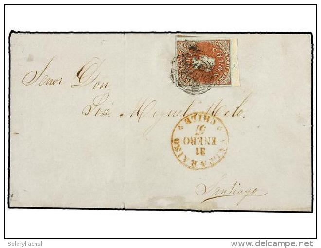 CHILE. Sc.8. 1857. VALPARAISO A SANTIAGO. 5 Ctvos. Casta&ntilde;o Rojo Sobre Azulado, Sello Esquina De... - Autres & Non Classés