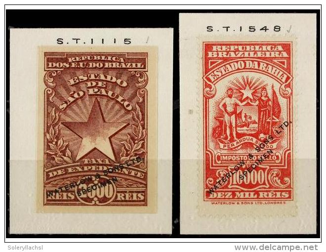 (*) BRASIL. (1930 CA.). REVENUE STAMPS. PROOF OF COLOUR. 2000 Reis And 10.000 Reis Ovpr. WATERLOW... - Autres & Non Classés