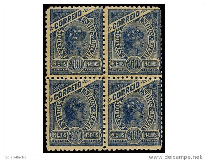 ** BRASIL. Sc.170b (4). 1905. 200 Reis Azul, Filigrana &acute;REPUBLICA&acute;. Bloque De Cuatro,... - Autres & Non Classés