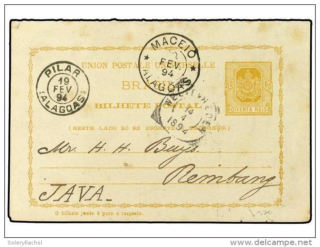 BRASIL. 1894. Postal Stationary Double Reply Card 80 C Orange Cancelled By PILAR ALAGOAS Datestamp... - Autres & Non Classés