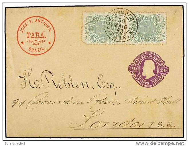 BRASIL. Sc.99 (2). 1893. PARA A LONDRES. FAJA DE PRENSA De 20 Cts. Violeta Con Franqueo Adicional De 20... - Autres & Non Classés