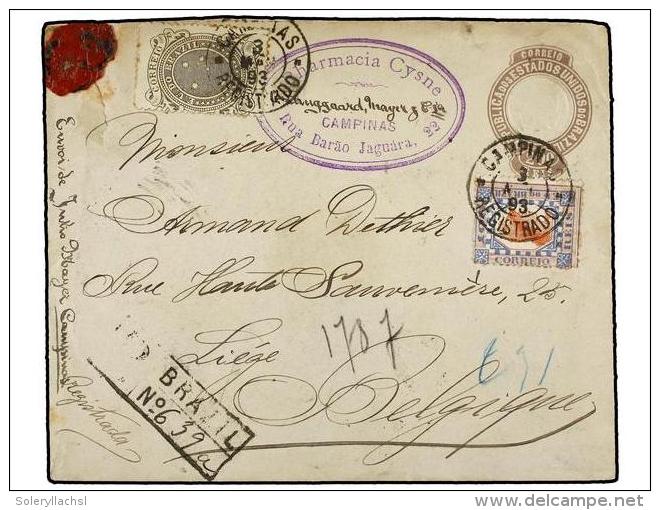 BRASIL. Sc.105, 109. 1893. CAMPINAS A B&Eacute;LGICA. Entero Postal De 200 Reis Lila Con Franqueo Adicional... - Autres & Non Classés