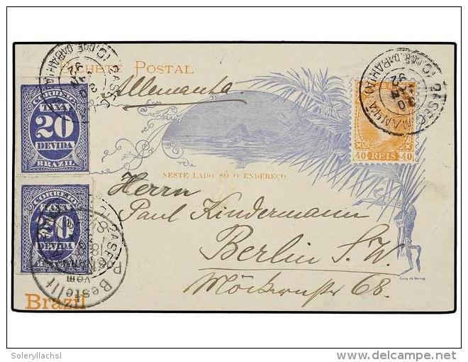 BRASIL. 1892. BAH&Iacute;A A ALEMANIA. Entero Postal De 40 Reis Naranja Con Franqueo Adicional De Dos Sellos... - Autres & Non Classés