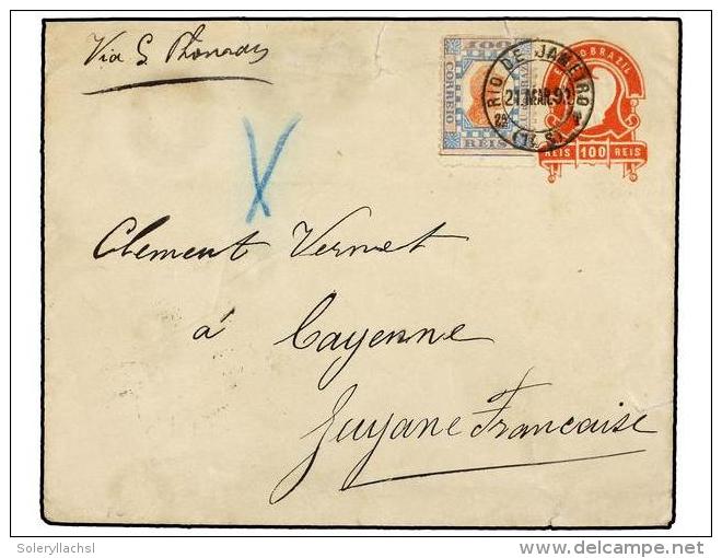 BRASIL. Sc.109. 1892. RIO DE JANEIRO A CAYENNE (Guayana Francesa). Entero Postal De 100 Reis Rojo Con... - Autres & Non Classés