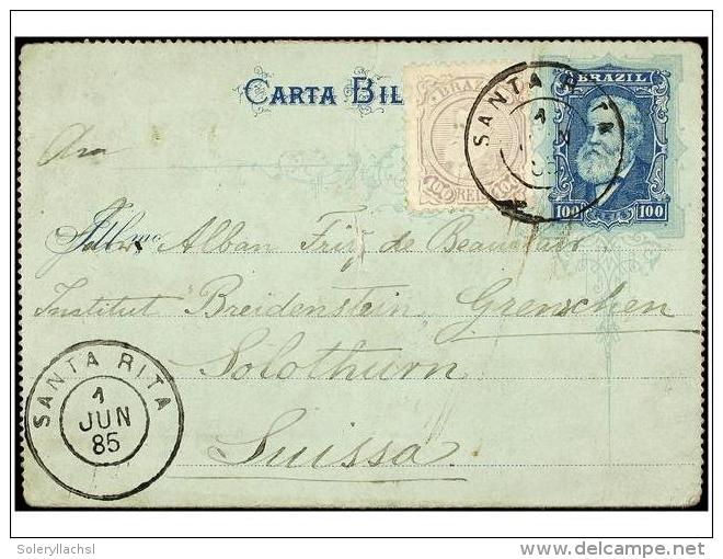 BRASIL. Sc.91. 1885. SANTA RITA A SUIZA. Entero Postal De 100 Reis Azul Con Franqueo Adicional De 100... - Other & Unclassified