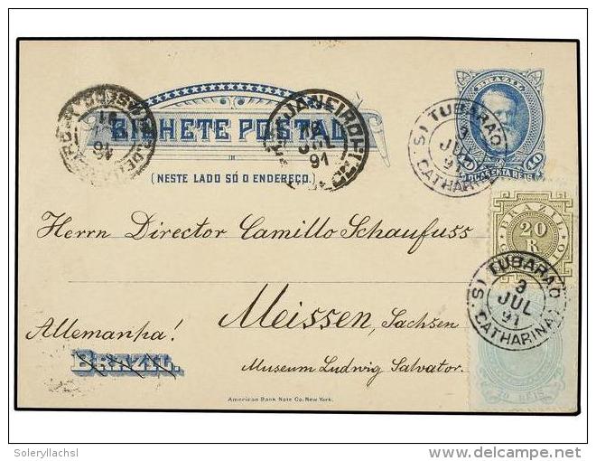 BRASIL. Sc.87, 99. 1891. TUBARAO A ALEMANIA. Entero Postal De 40 Cts. Azul Con Franqueo Adicional De 20... - Autres & Non Classés