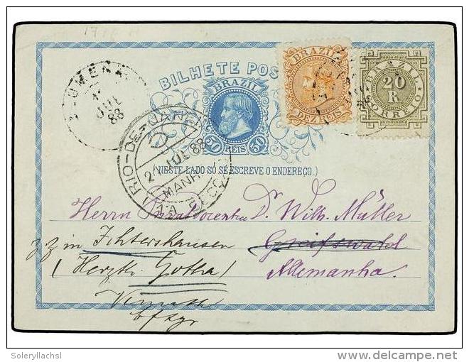 BRASIL. Sc.86, 87. 1888. BLUMENAU A ALEMANIA. Entero Postal De 50 Reis Azul Con Franqueo Adicional De 10... - Autres & Non Classés